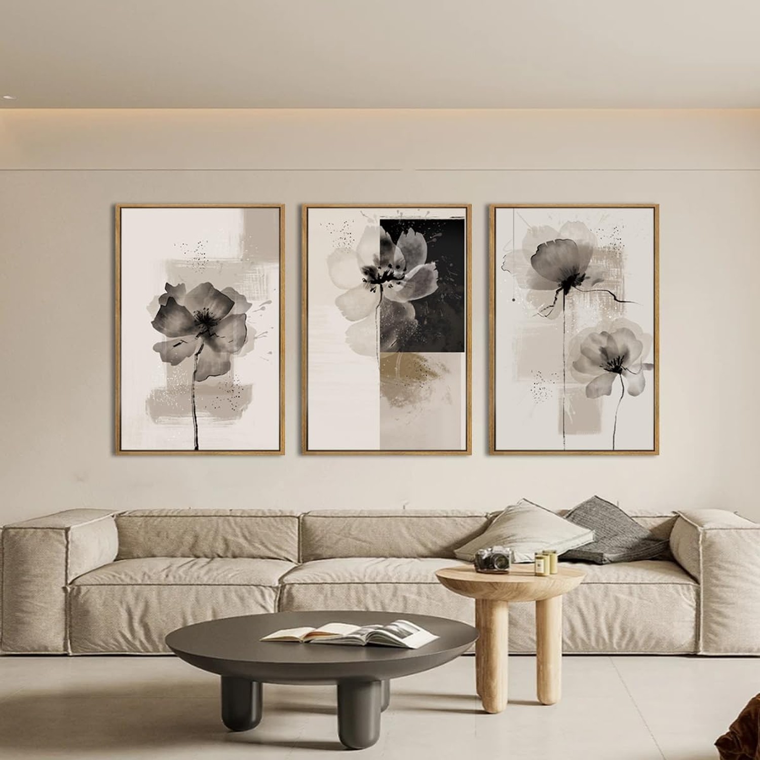 IARTTOP Extra Large Black Neutral Framed Wall Art 24×36 Inch Beige Tan Abstra…