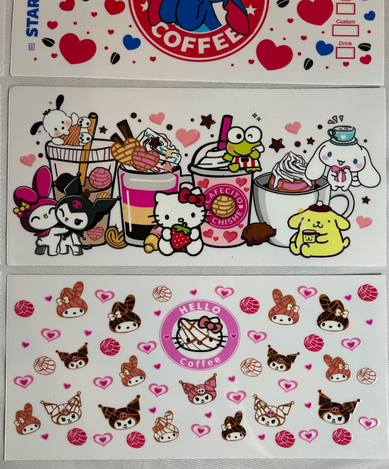 Set of 8 Hello Kitty Stitch Coffee Hearts Transfer Cup Wraps