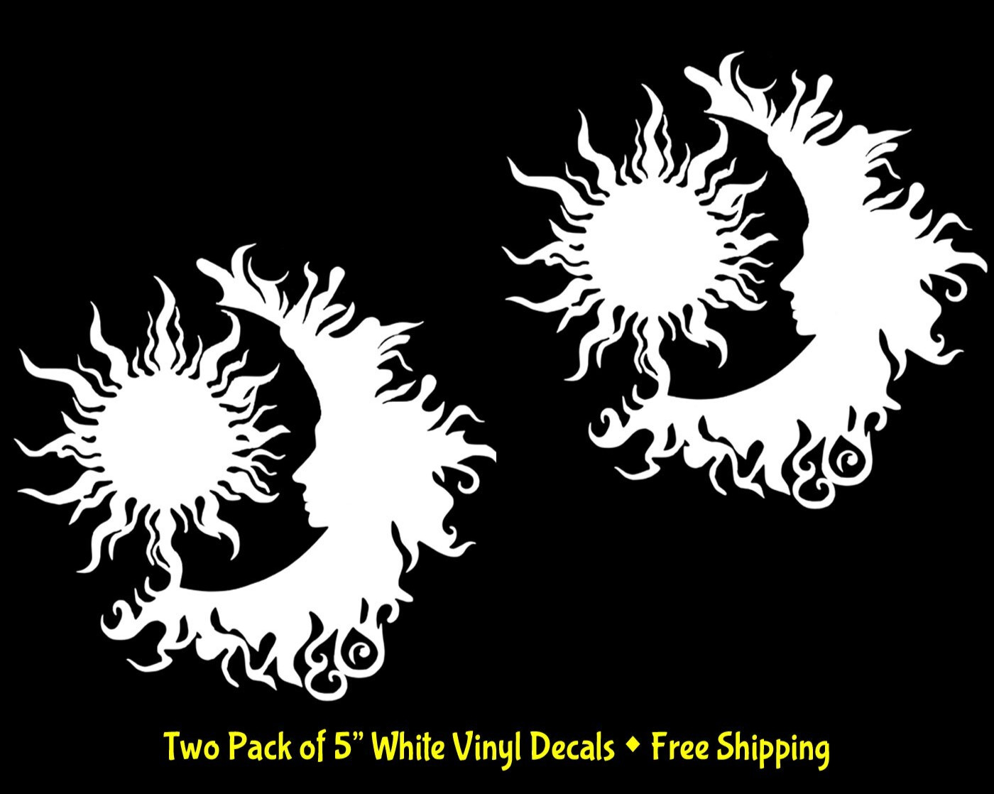 Sun & Moon Graphic Design 2 Pk 5" White Vinyl Decals Car Window Any Flat Surface