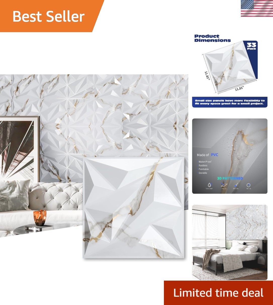 33 Pack 3D Wall Panel Diamond for Interior Wall Décor, PVC Textured Wall Pane…