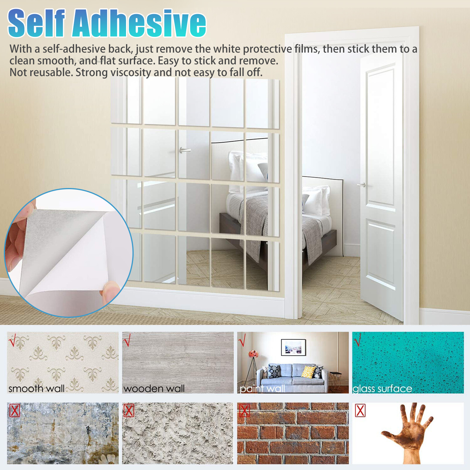 12PCS Self Adhesive Mirror Reflective Wall Sticker Film Paper Home Kitchen Decor