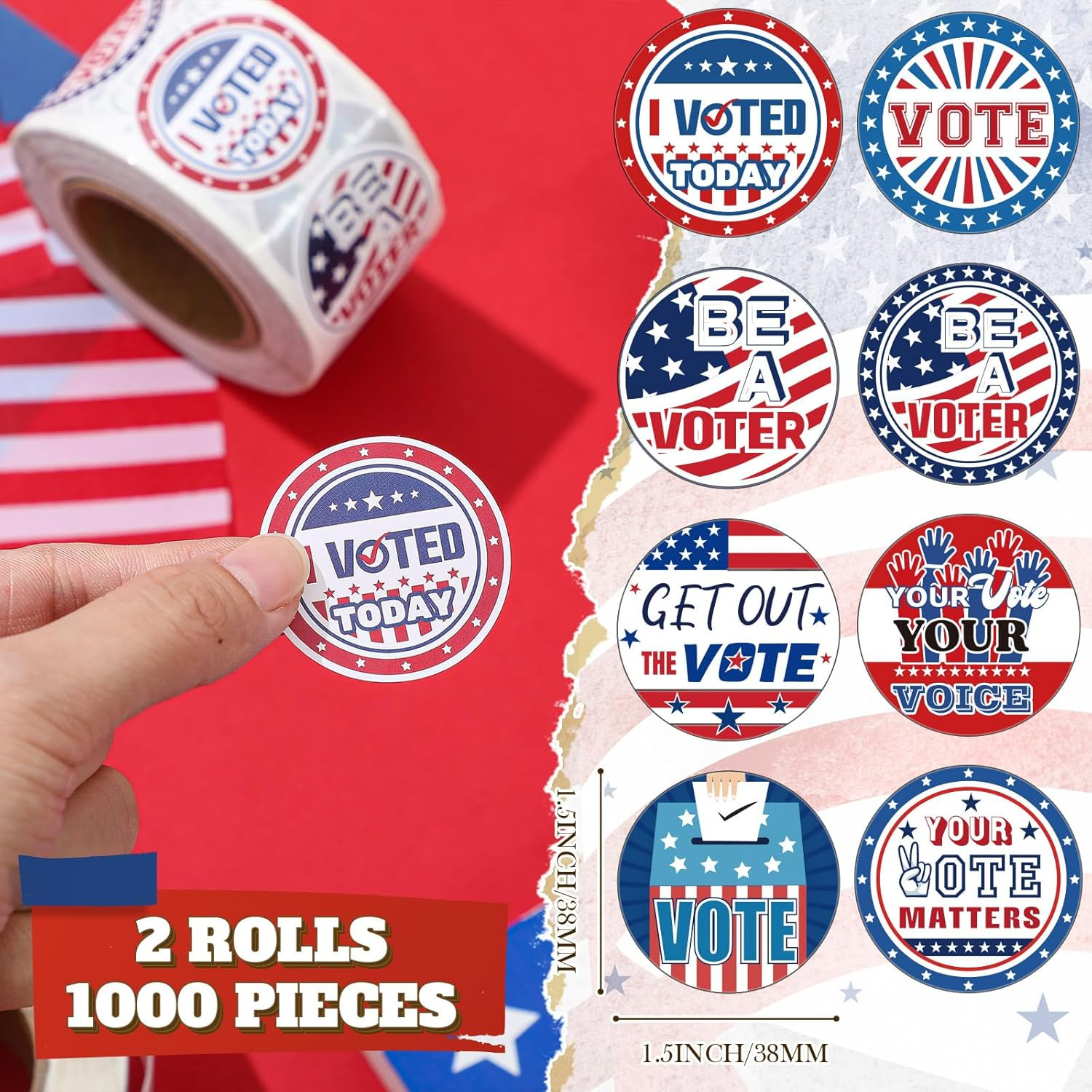 2 Rolls/ 1000 Pcs I Voted Stickers 2026 for Kids 1.5 Inch round Self Adhesive La