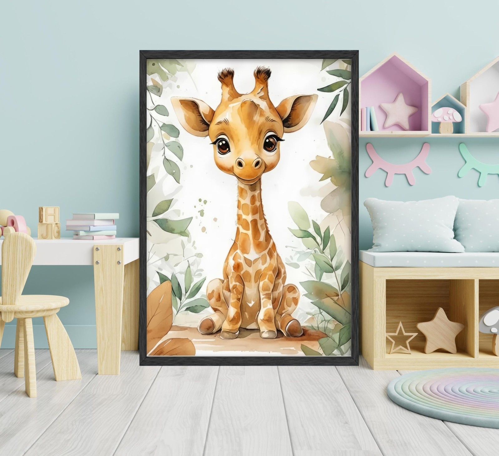 Baby Boy Safari Animal Wall Art Watercolor Theme Nursery Painting Picture Wal…