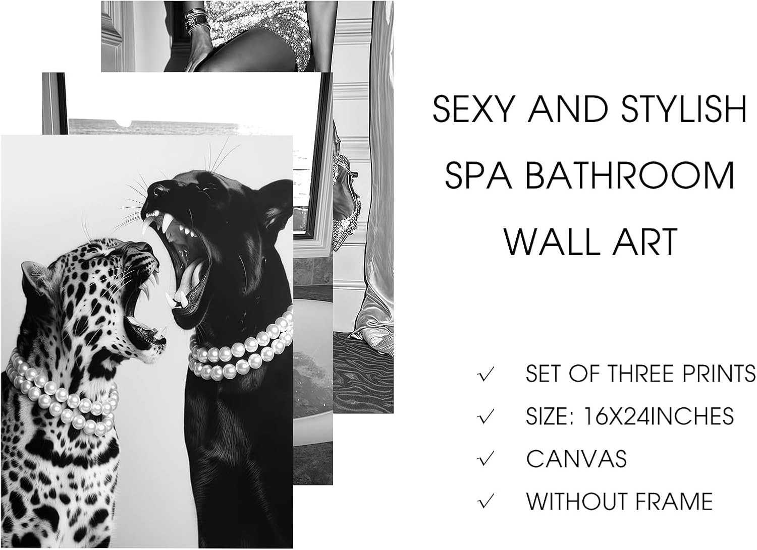 3 Pcs Fashion Leopard Print Posters Paintings Funny Woman Drinking in Bathtub Pa