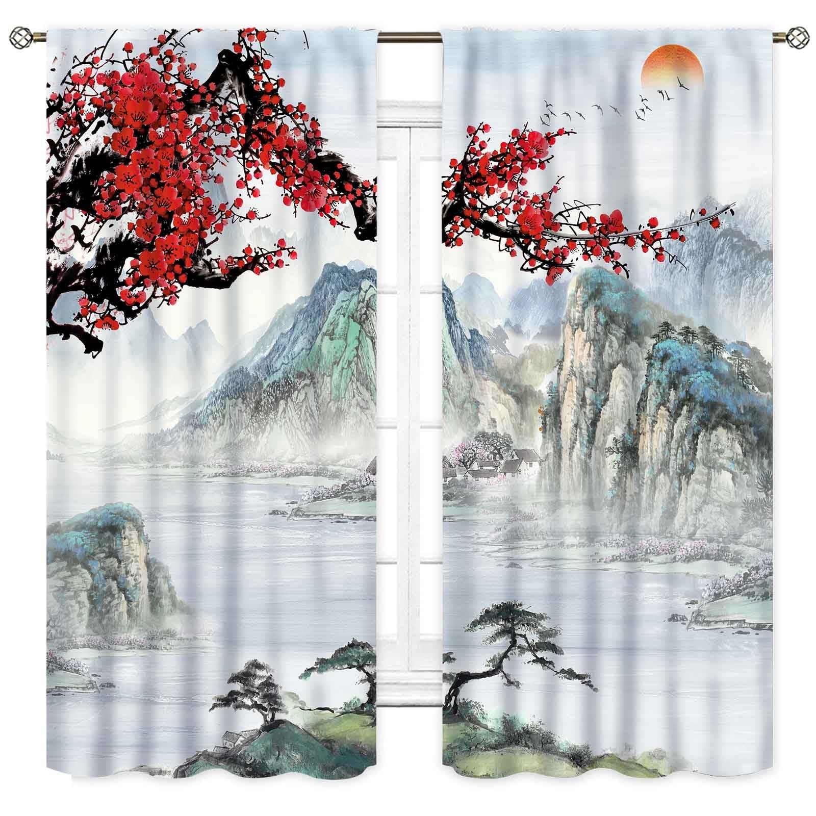Asian Curtains for Bedroom, Traditional Ink Painting Nature Landscape Mountai…
