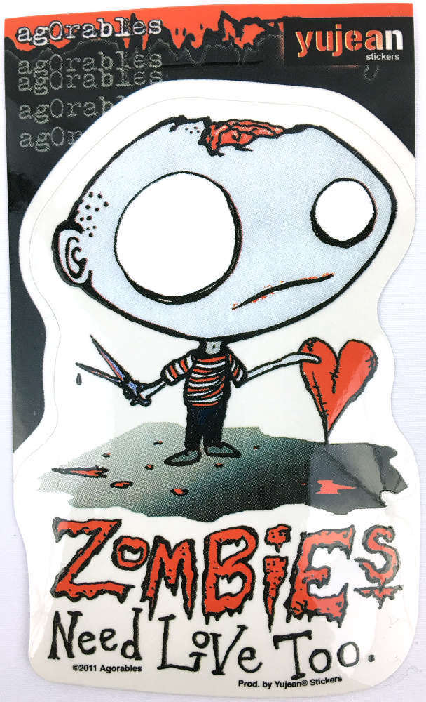 Zombies Need Love Too Agorables Boy Scissors Heart Humor Die-Cut Decal Sticker