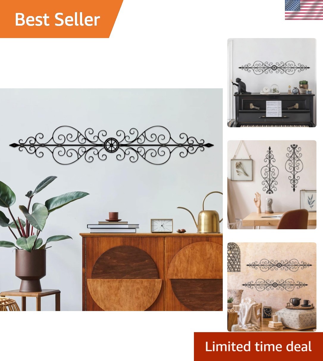 Vintage Inspired Wrought Iron Scroll Wall Art – Lightweight & Waterproof