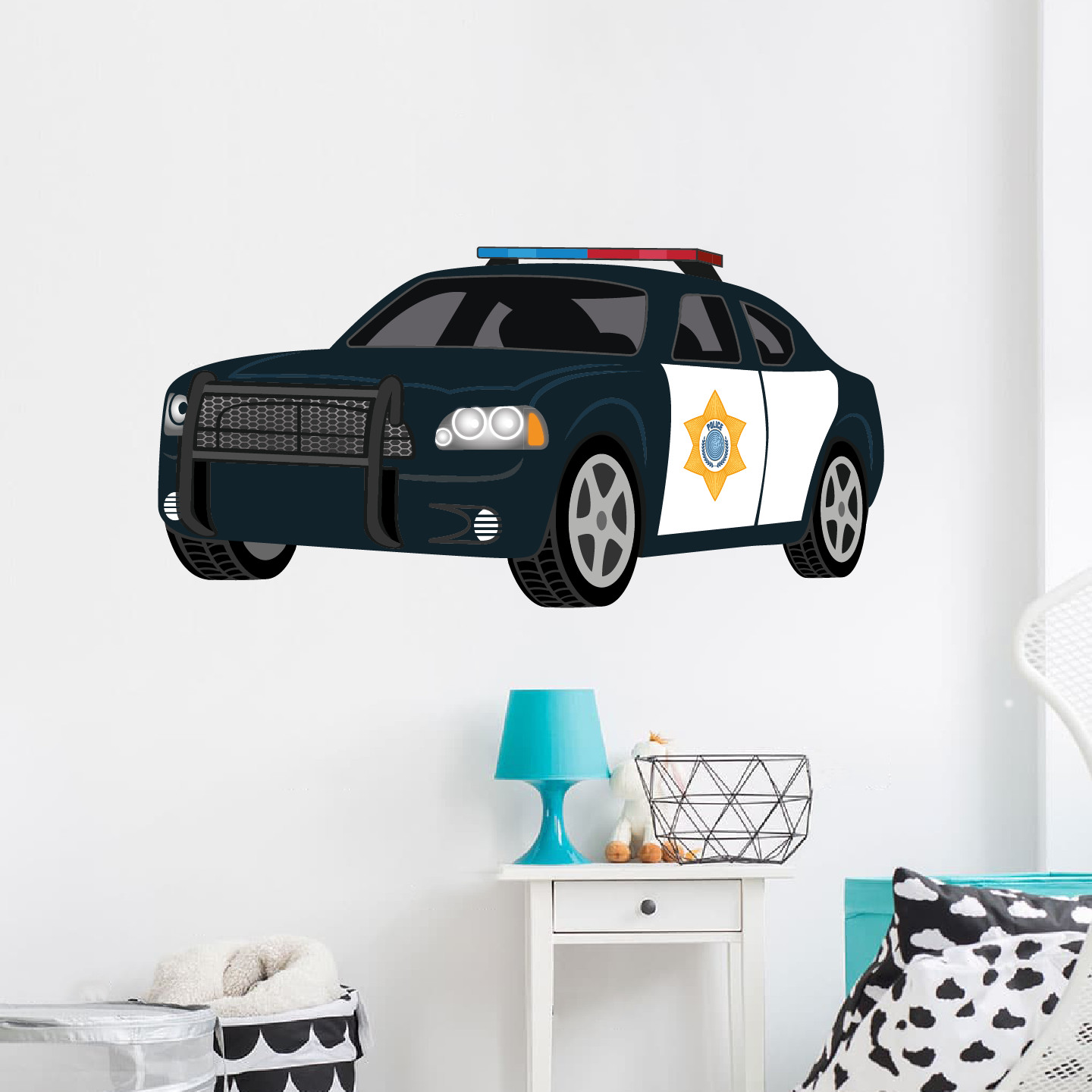 Kids Bedroom Multicolored Art Police Car Vehicle Toy Car Design Vinyl Wall Decal