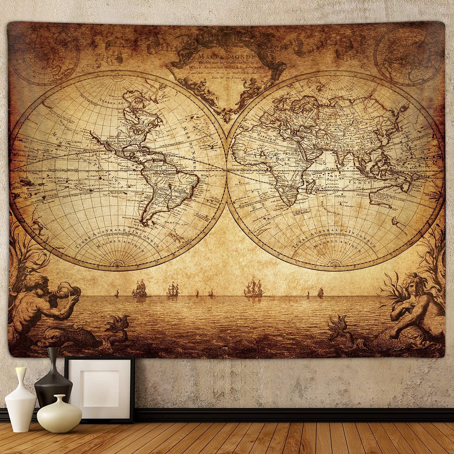 Old World Map Tapestry for Bedroom, Vintage Nautical Maps of the World Art Ta…
