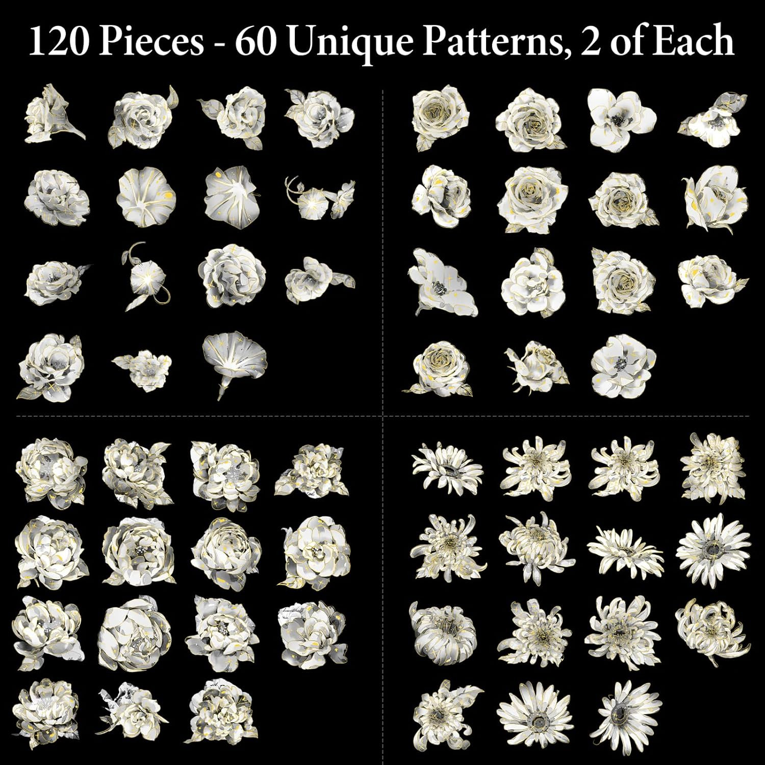 Black and White Flower Stickers, Shiny Gold Stickers Floral Decals for Scrapbook