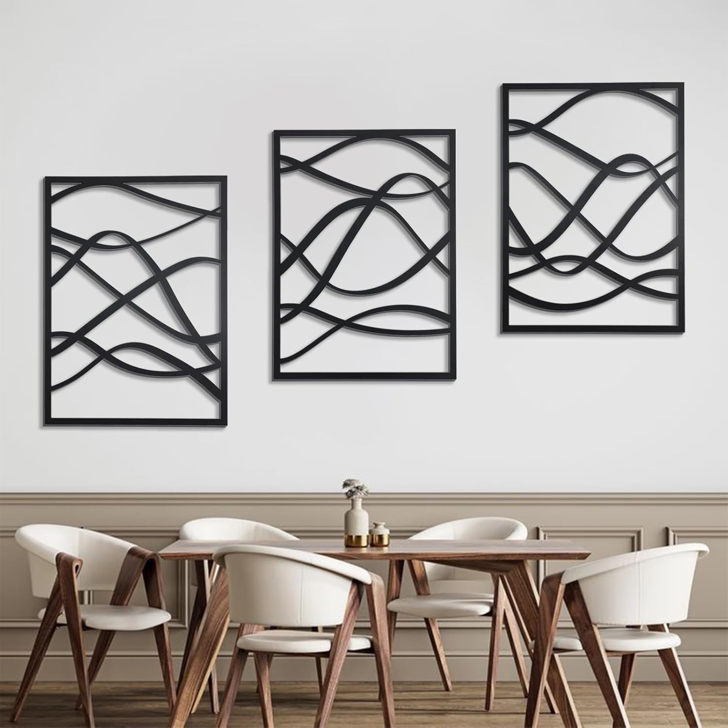 3 Pcs Minimalist Black Wooden Wall Art, Abstract Single Line Wall Decor for Home