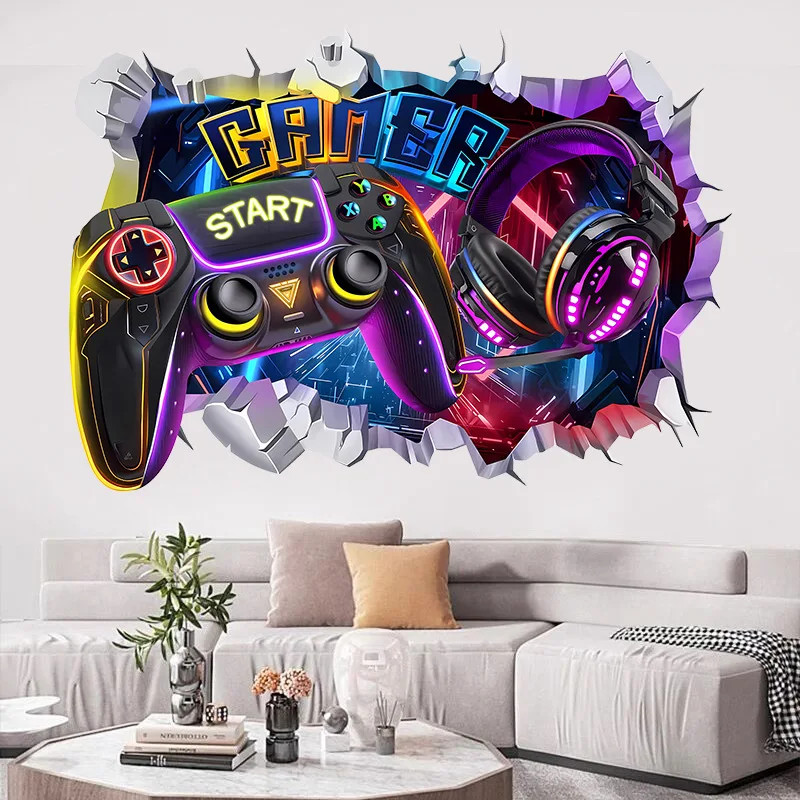3D Broken Wall Gaming Controller Vinyl Sticker Kids Room Boy Bedroom Decor