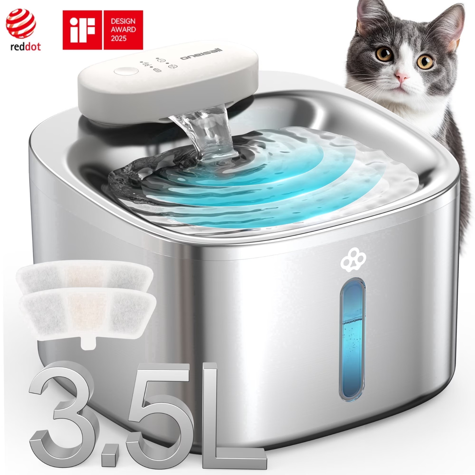 Oneisall CW-01 Wireless Cat Water Fountain 304 Stainless Steel, 3.5L/118oz Cordl