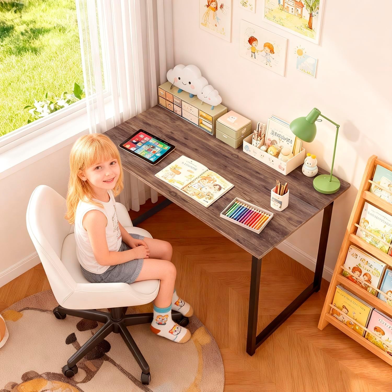 PayLessHere 32" Computer Desk, Brown Writing Table w/ Metal Frame