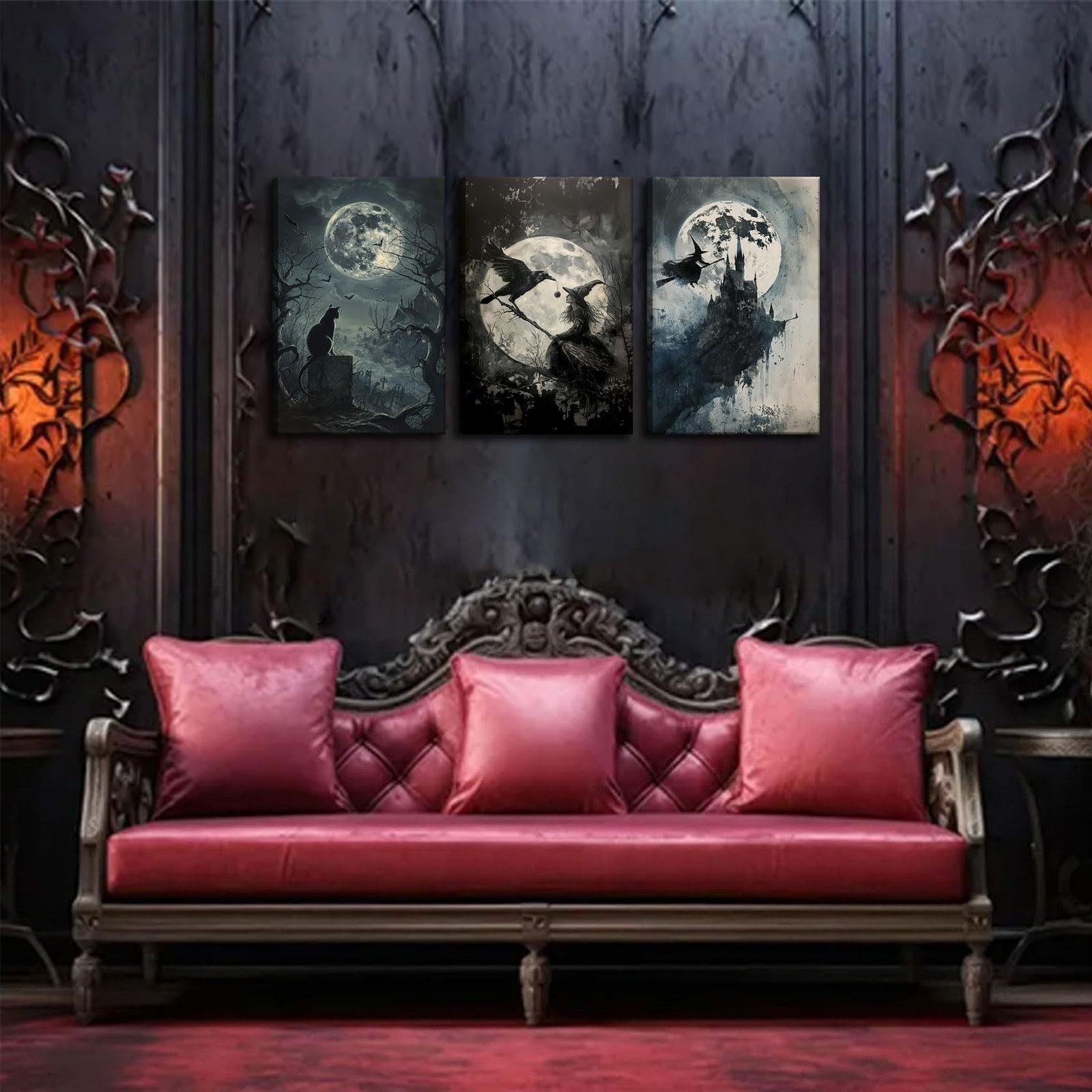 3Pcs Halloween Witch Canvas Wall Art Vintage Witchy Woman Black Cat Crow Wall…