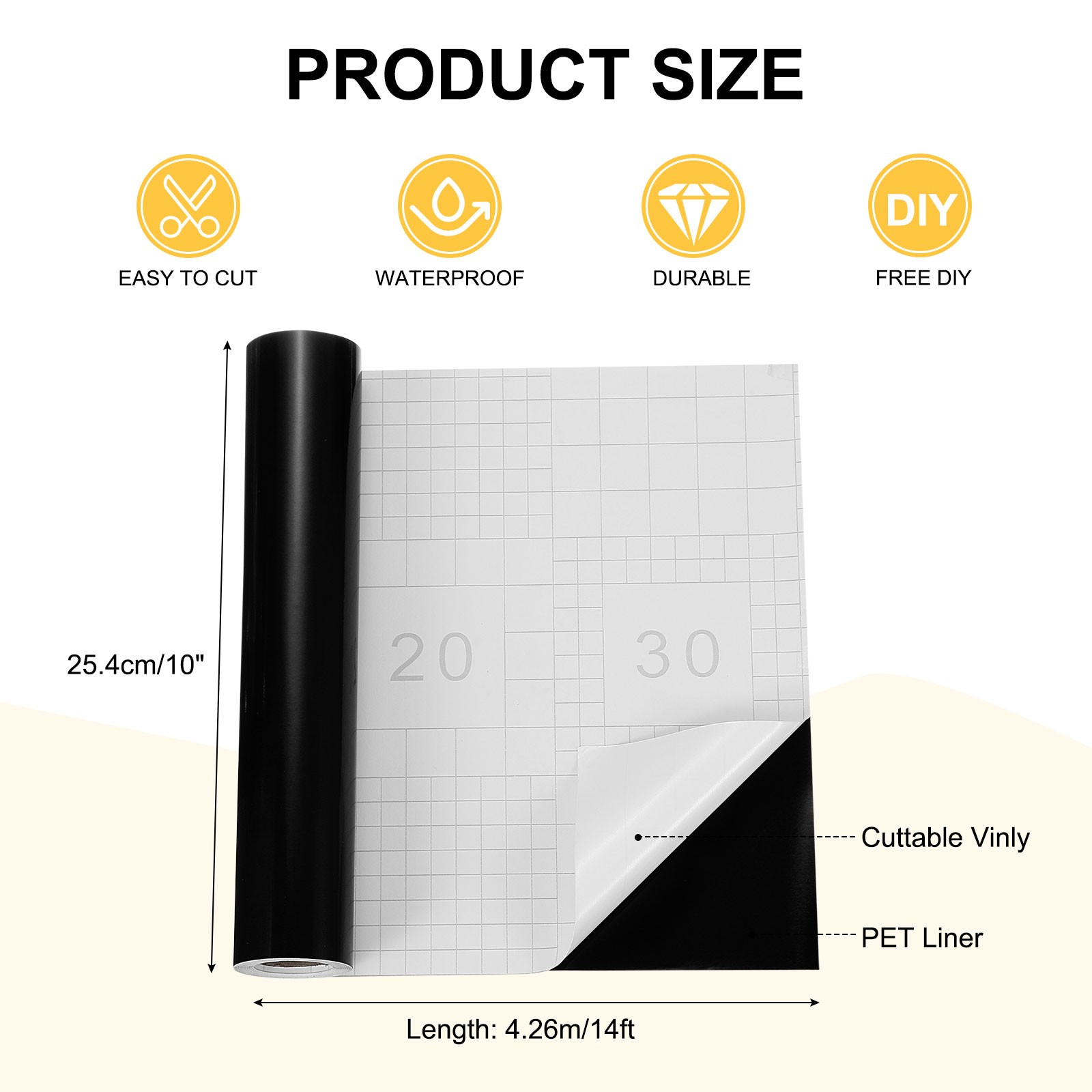Black Permanent Vinyl, 10 Inch x 14ft Adhesive Vinyl Roll