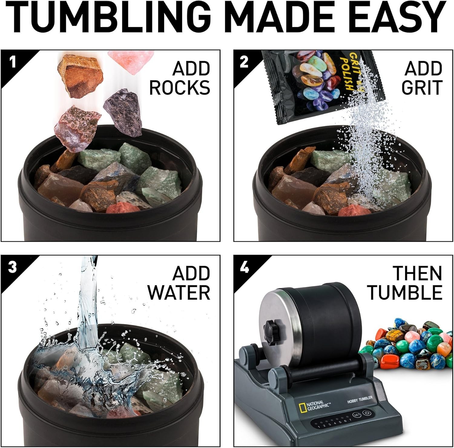 National Geographic Hobby Rock Tumbler Kit – Rock Polisher for Kids Adults,