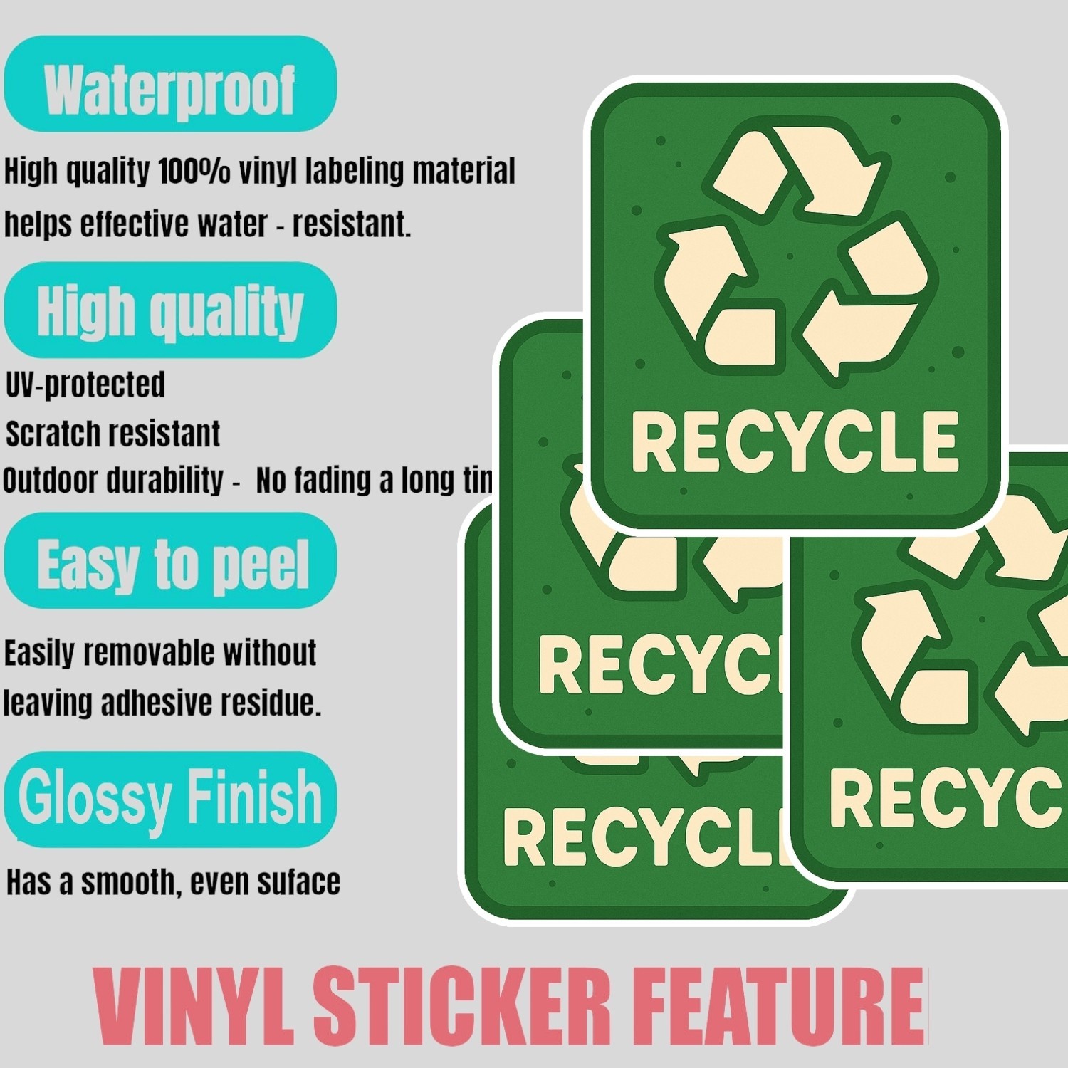 Recycling Stickers – Green Recycle Labels Waterproof Vinyl Decals (4 Pack)