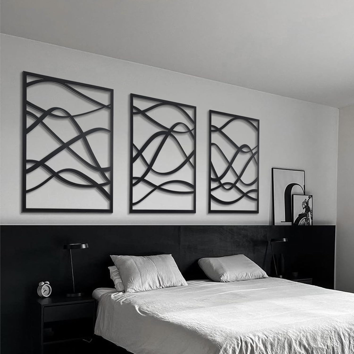 3 Pcs Minimalist Black Wooden Wall Art, Abstract Single Line Wall Decor for Home