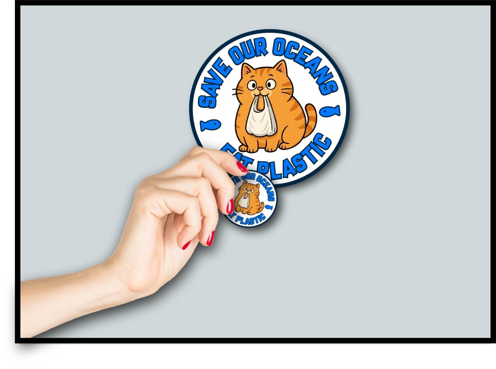 Save Our Oceans Eat Plastic Orange Cat Decal Sticker Think Green Bag Brain Cell