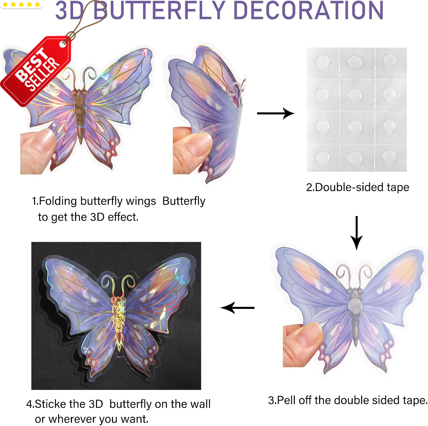 3D Butterfly Wall Decor – 50PCS Removable PVC Butterflies Wall Stickers- Multi-S