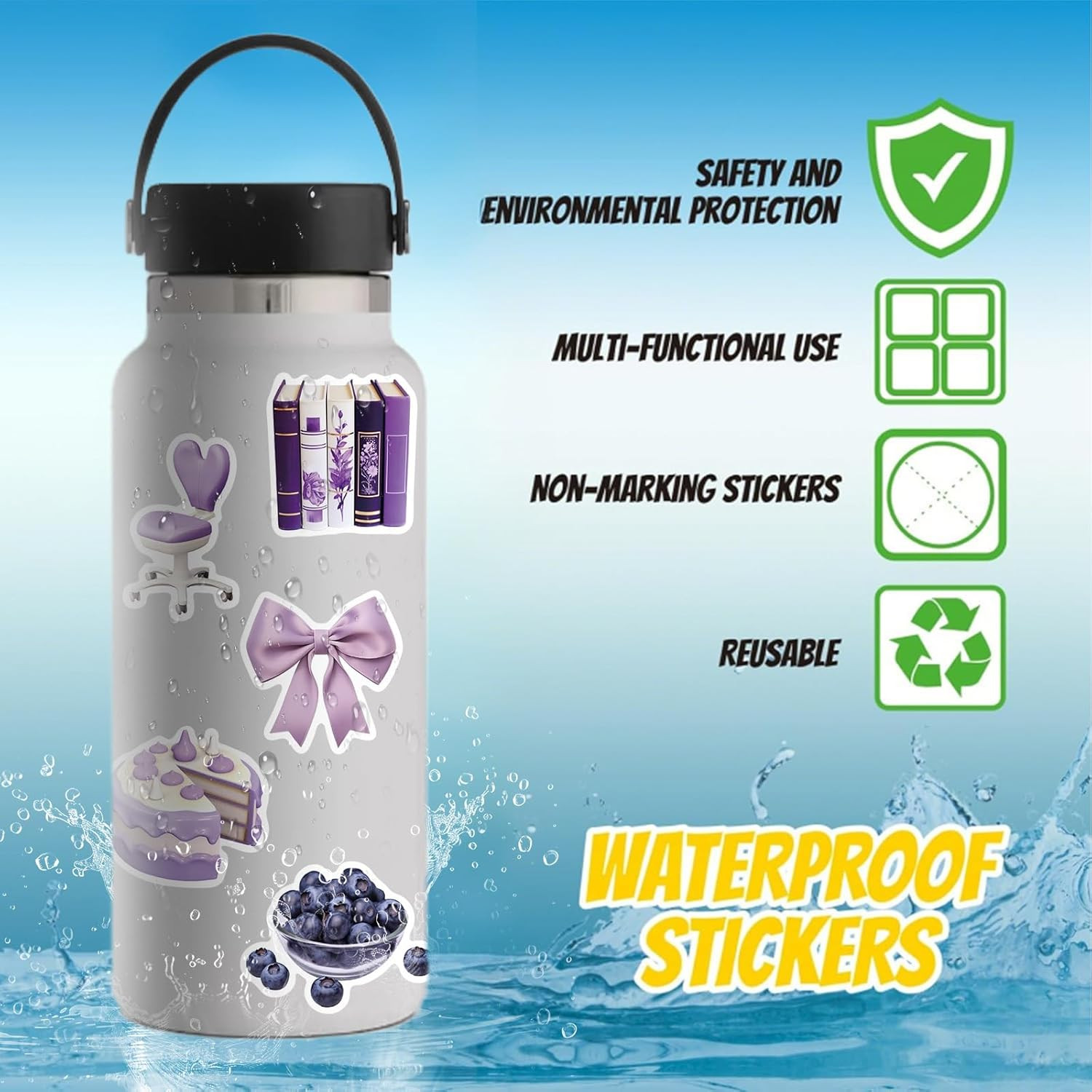 Aesthetic Purple Waterproof Stickers for Water Bottle, 56Pcs Cute Aesthetic Stic