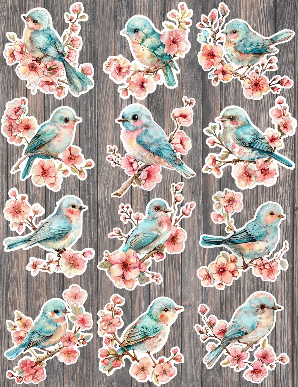 Blue Bird With Pink Flowers Die Cut Stickers Set Funny Sticker Laptop Sticker