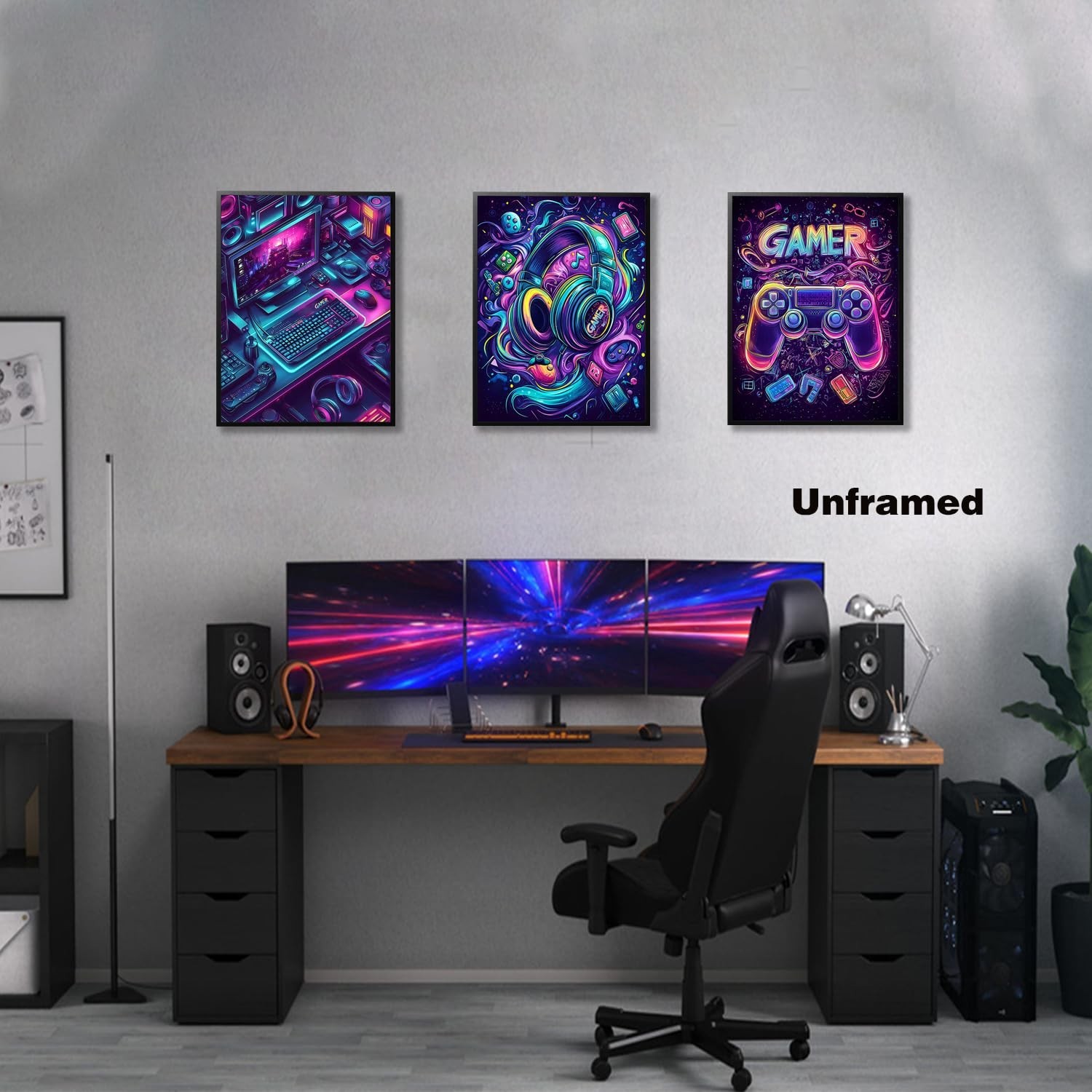 GAMER Gaming Room Canvas Wall Art Set of 3, Game Posters Wall Decor, Gamer Pa…