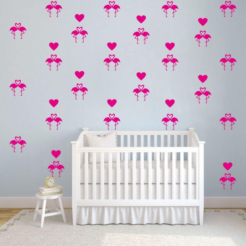 Flamingo Wall Stickers Set – 24 Removable PVC Decals with Silhouette and Hearts