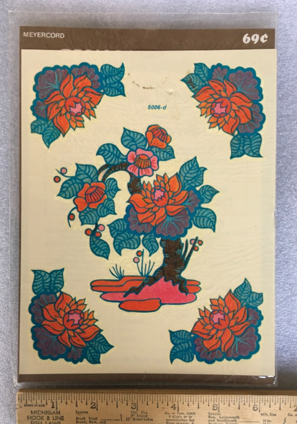 NOS 1970’s Meyercord bonsai Tree color water decal Flowers Red Pink Dahlia