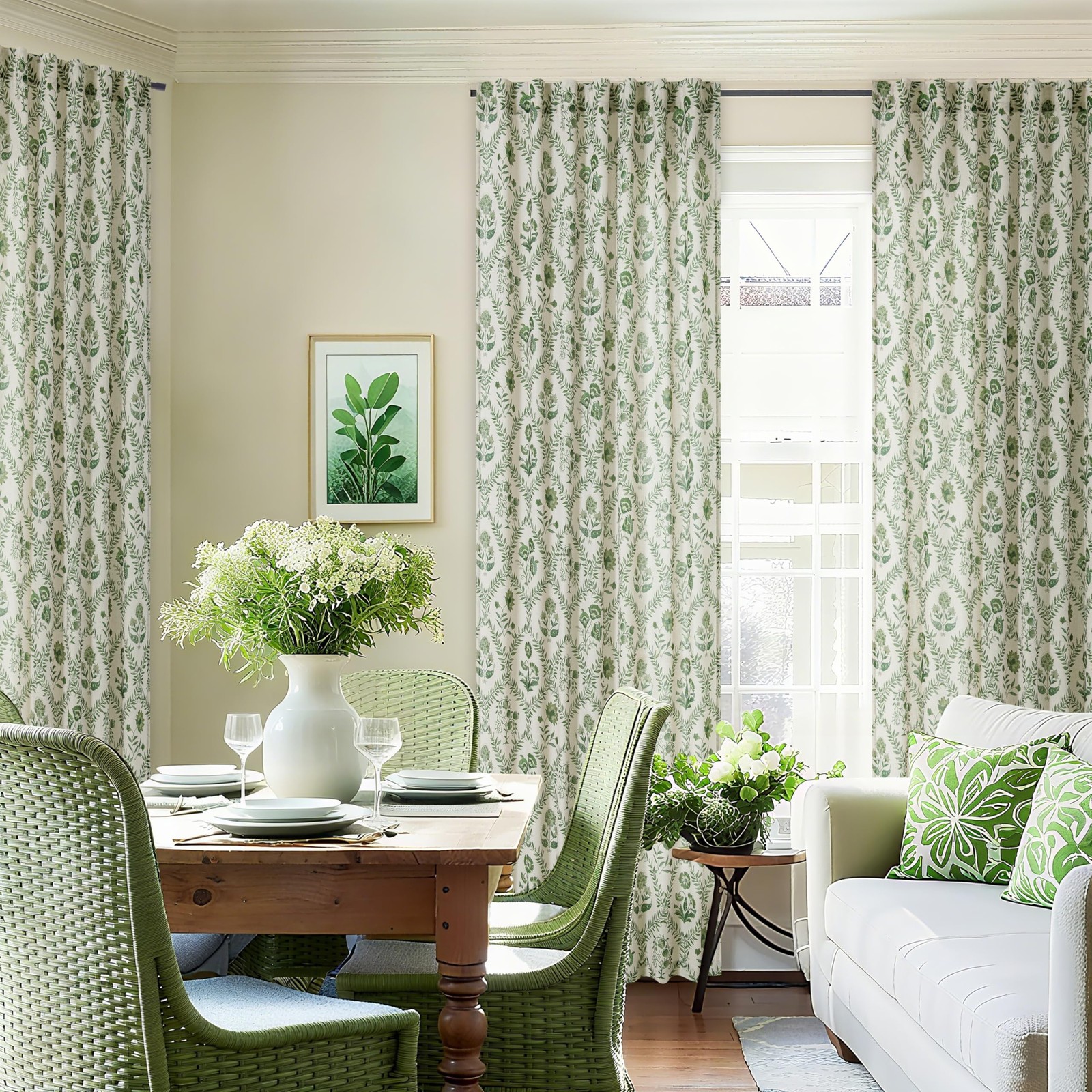 Green Floral Linen Curtains 84 Inch Length for Living Room Bedroom 2 Panels S…