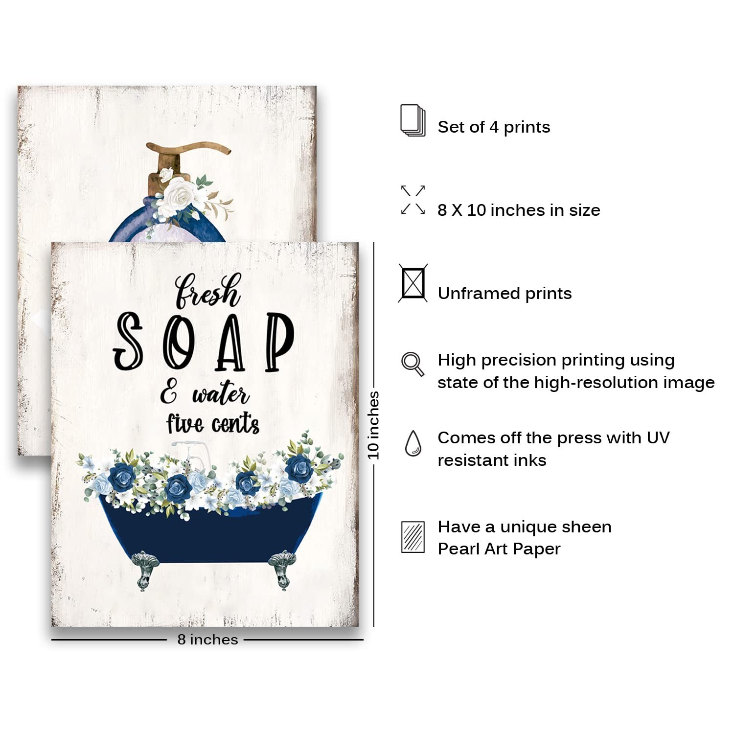 Funny Wall Art Poster, Blue Bathroom Decor, Navy Flowers Pictures, Rustic Vin…