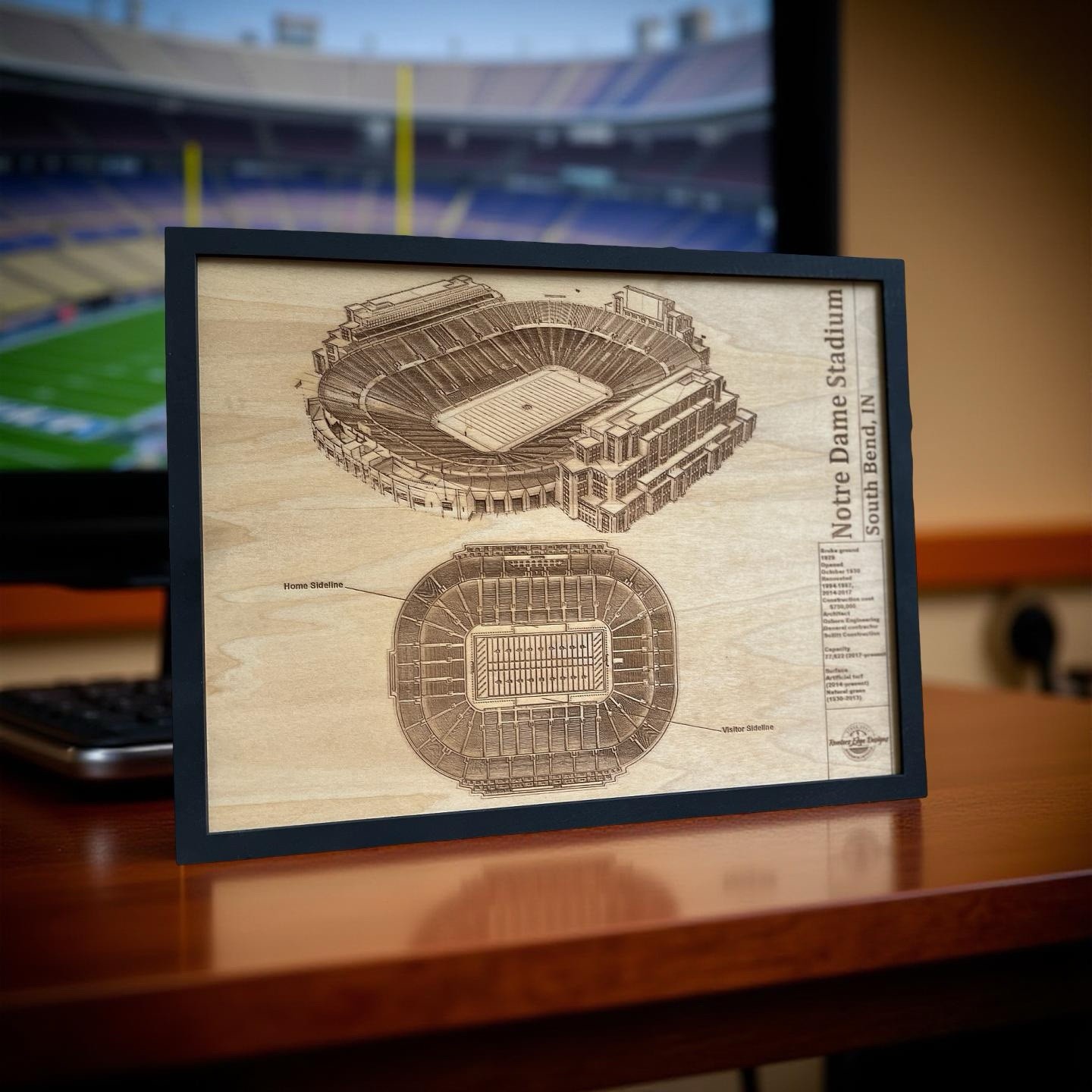 Notre Dame Stadium Blueprint Engraved Wood Wall Decor Laser Engraved