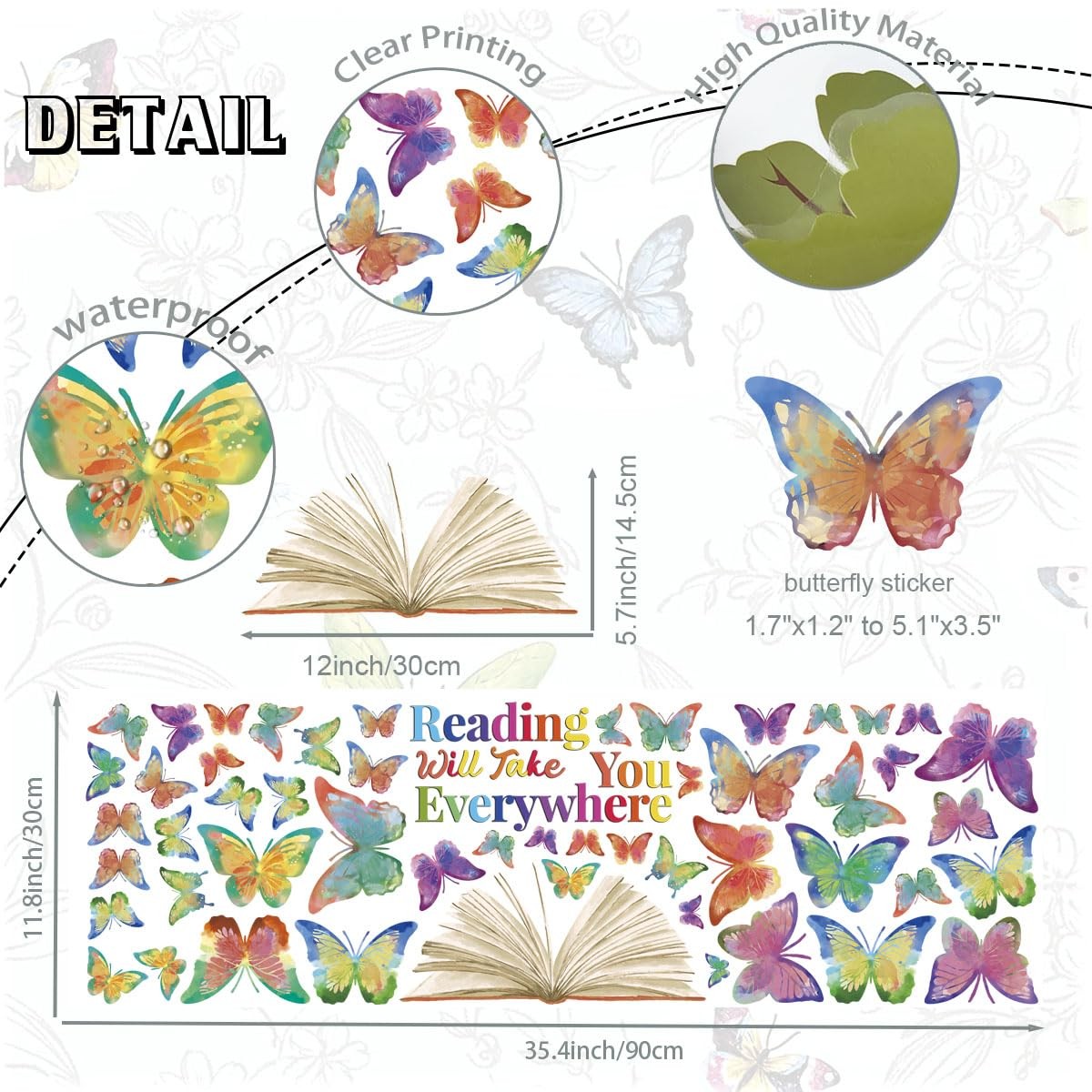 Colorful Butterfly Reading Book Wall Decal, Reading Will Take You Everywhere …