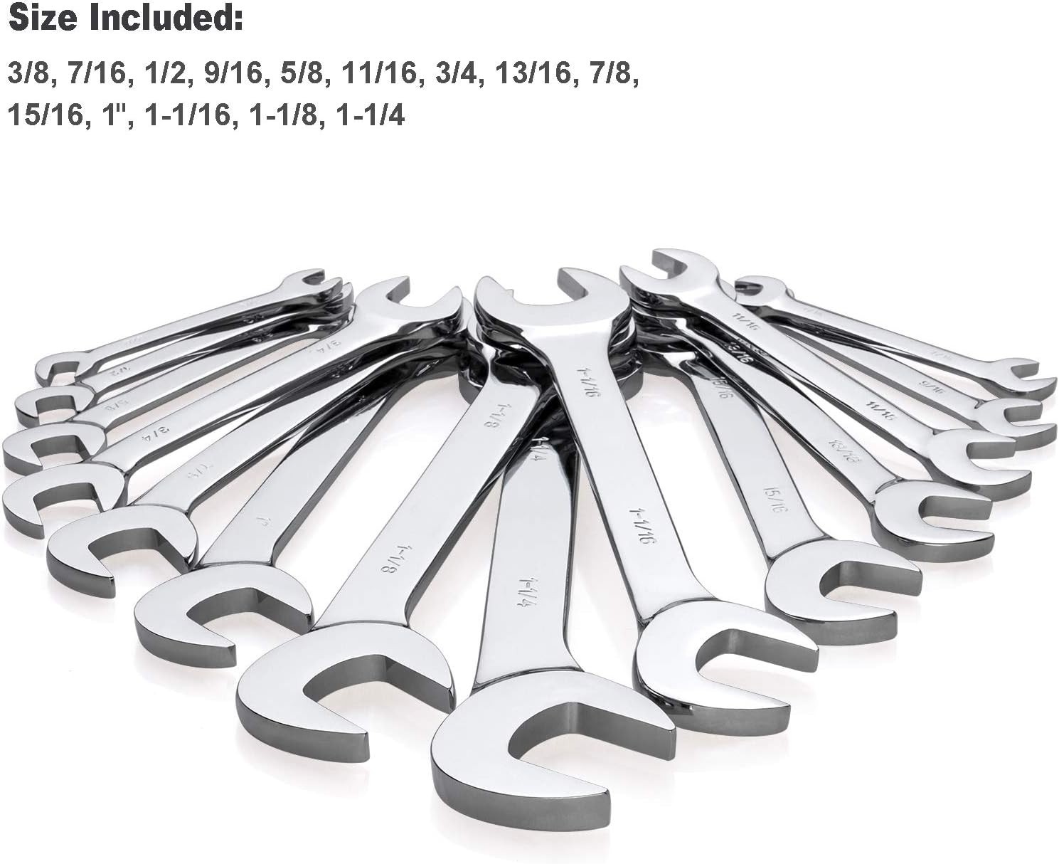 14-Piece Angle Head Open End Wrench Set, Chrome Vanadium Steel, Inch Sizes & Rac