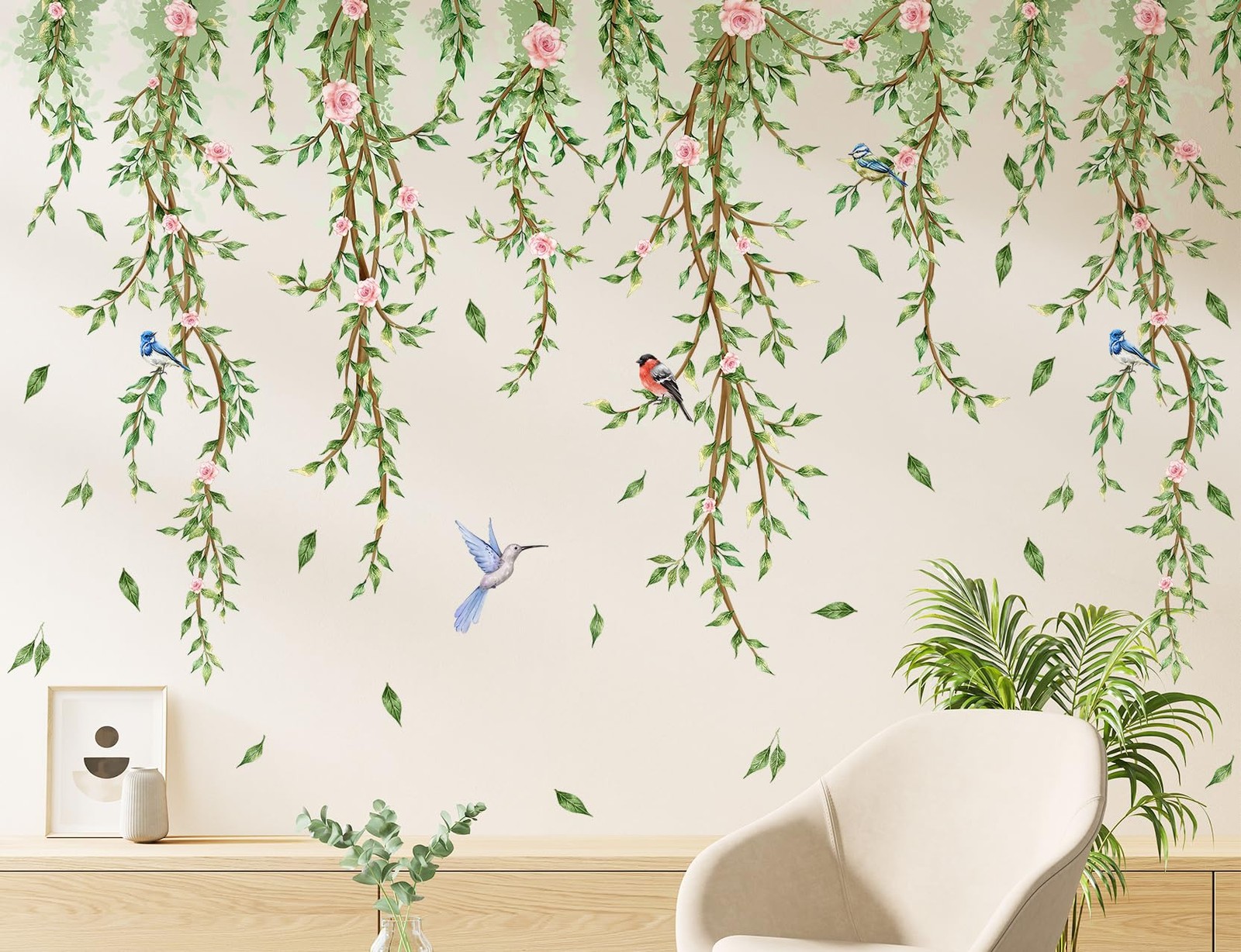 Hanging Vine Wall Decals Removable Birds Green Leaf Wall Stickers Peel and St…