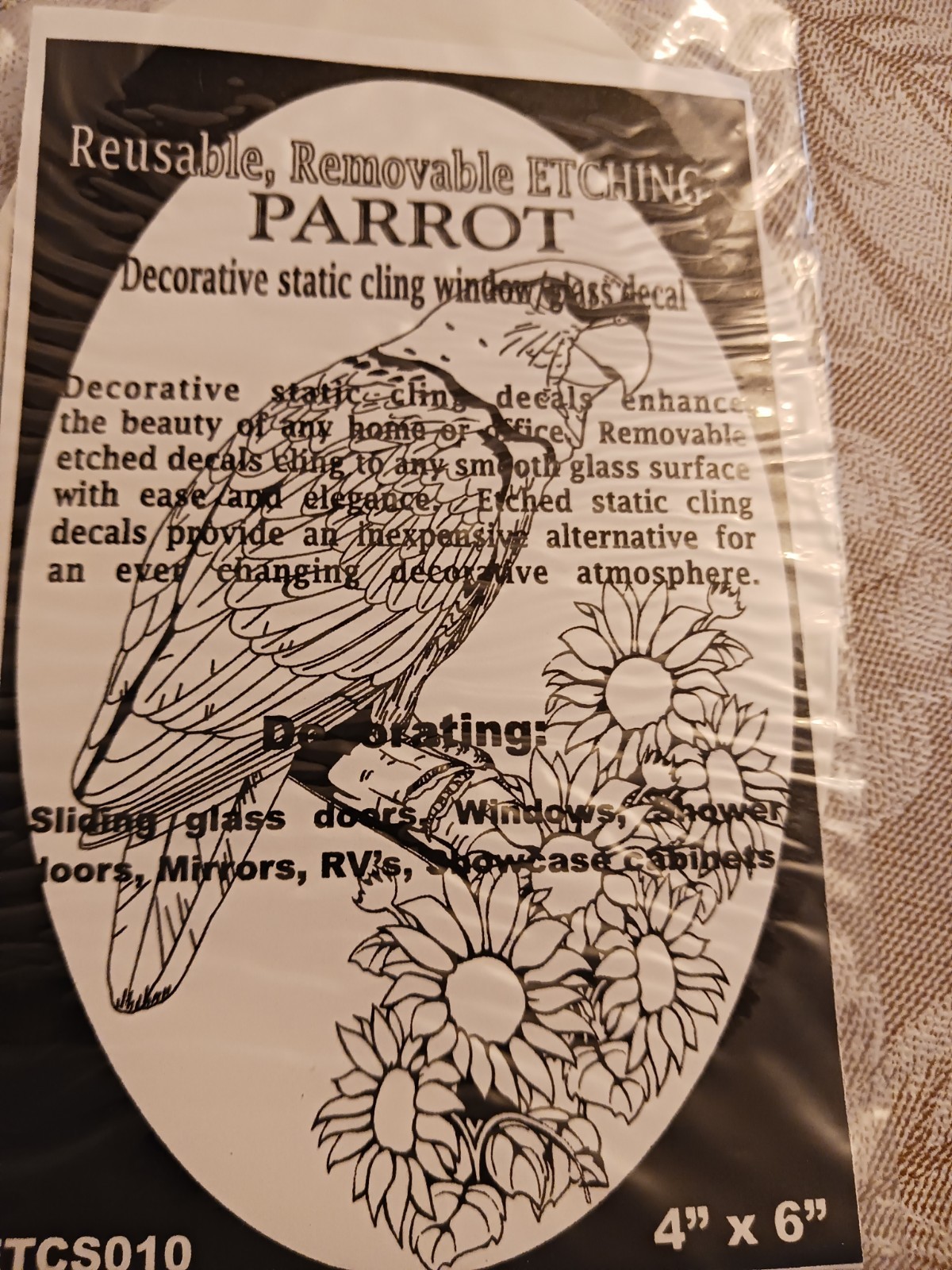 Parrot Window Decal 4"x6" OVAL Etched Glass Look Cling Removable & Reusable 10