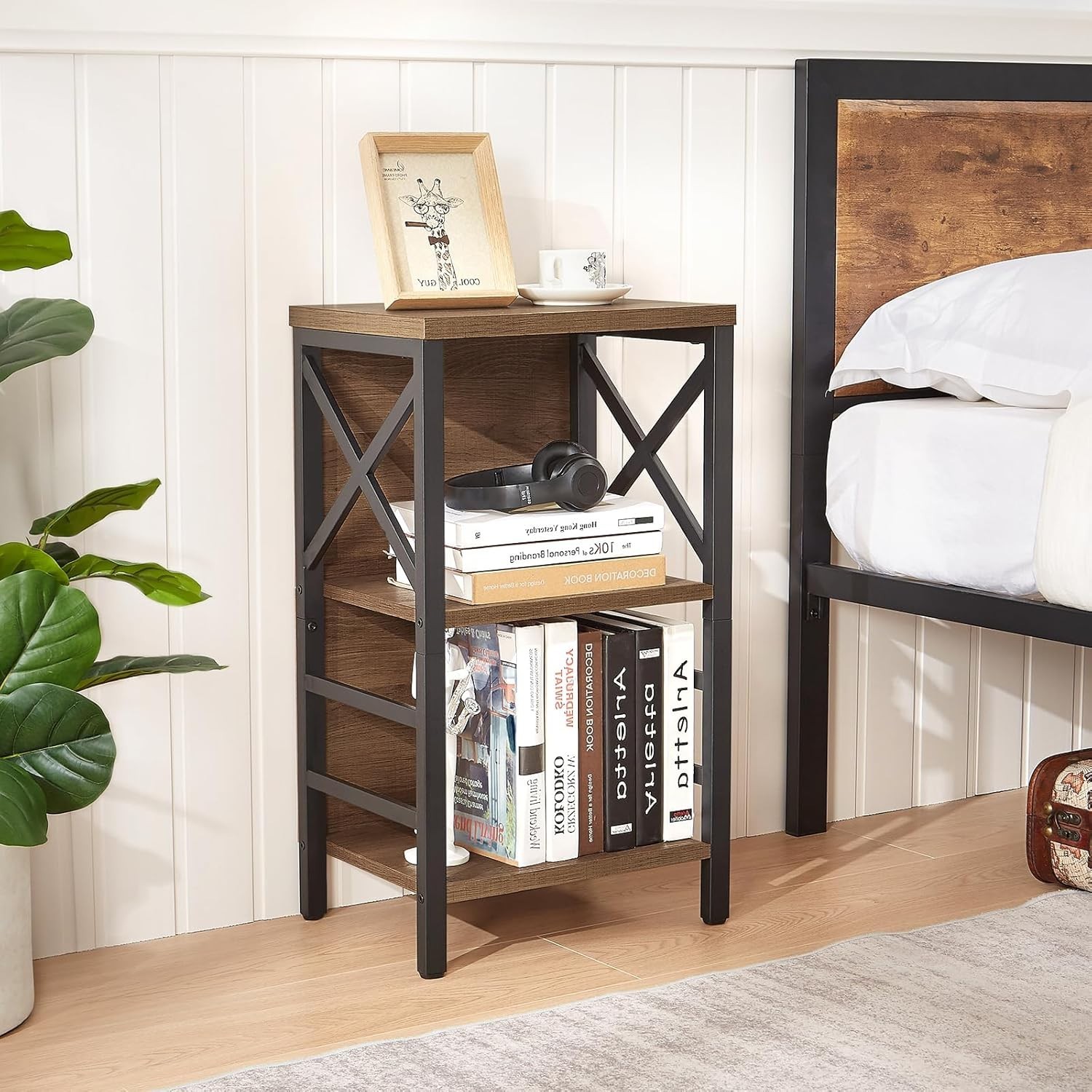 Small Bookshelf 3 Tier Industrial Bookcase Rustic Brown Metal Frame Home Storage
