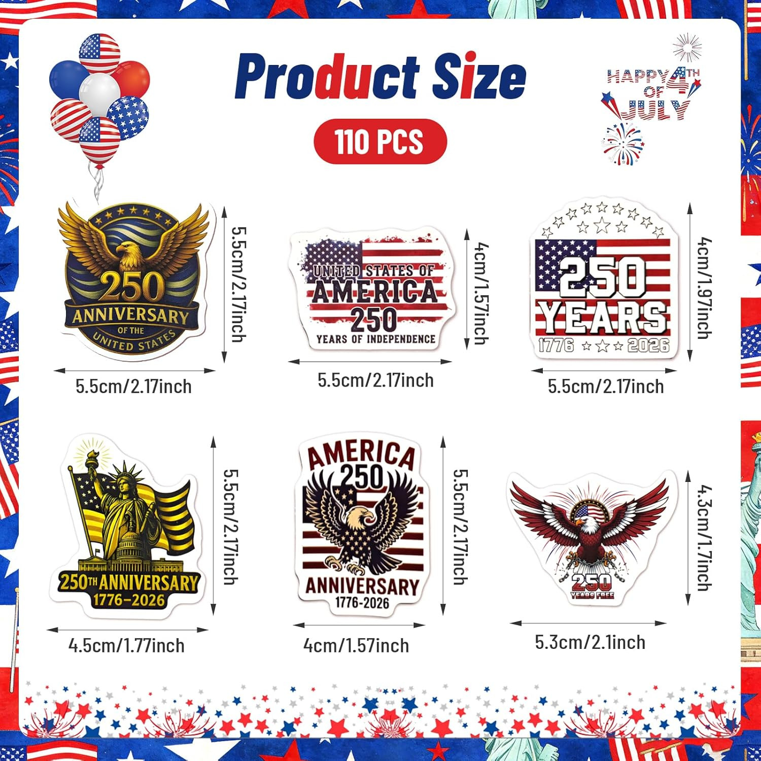 110Pcs America 250Th Anniversary Stickers, Retro American Style Waterproof Vinyl