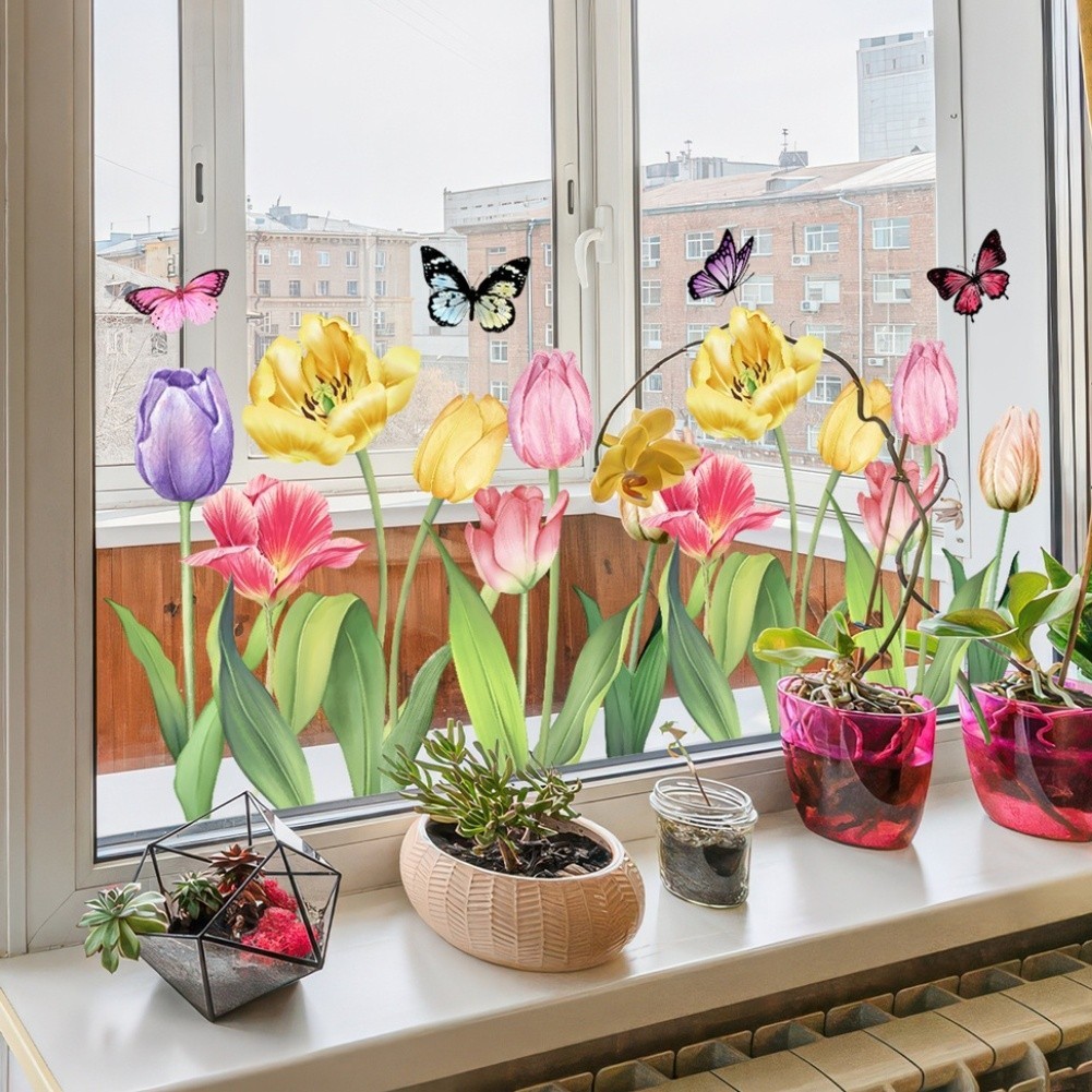 11.81 x 23.62 in Tulip Butterfly Static Window Decal PVC Reusable Glass Sticker