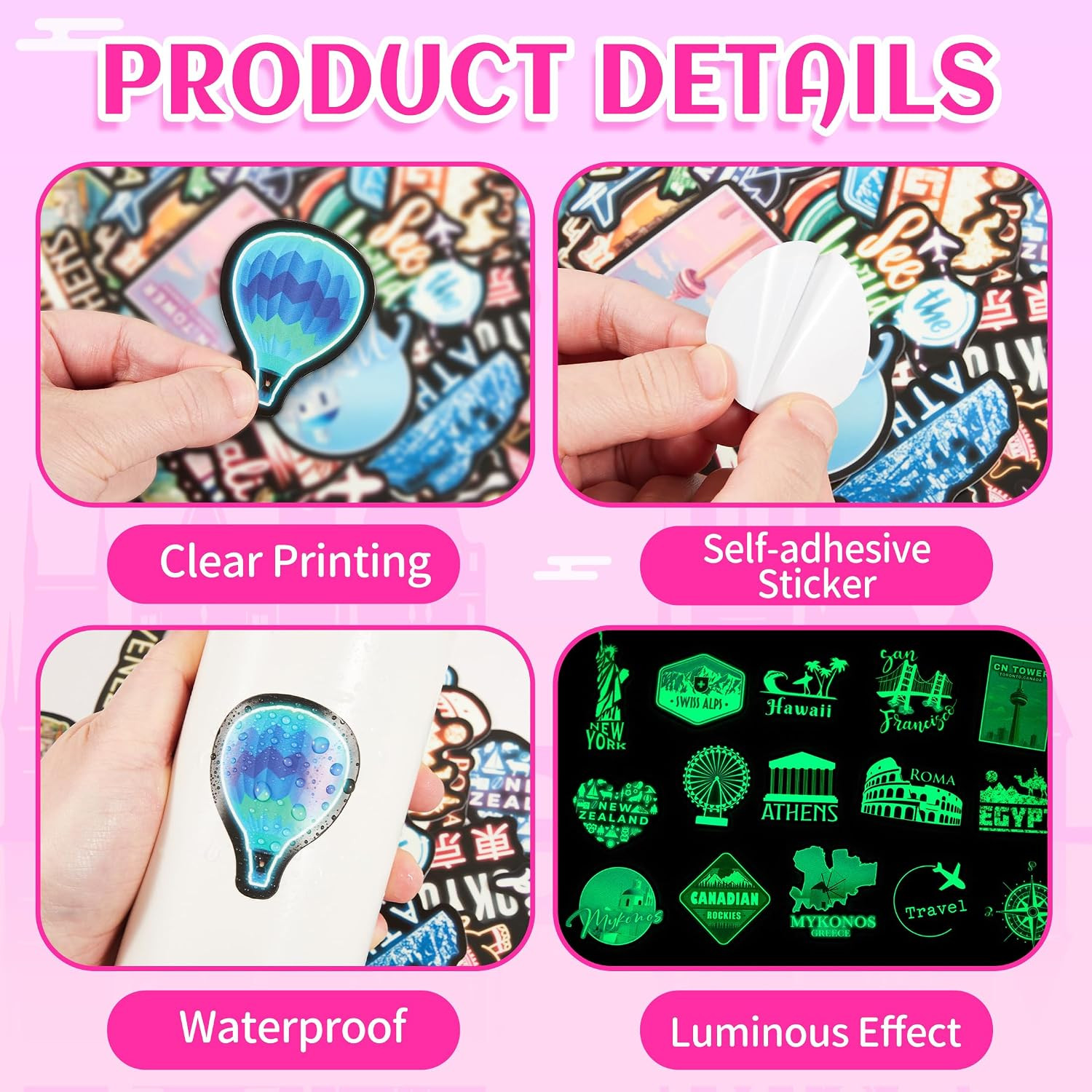 Glow in the Dark Neon World Featured Architecture Stickers for Water Bottle, 50