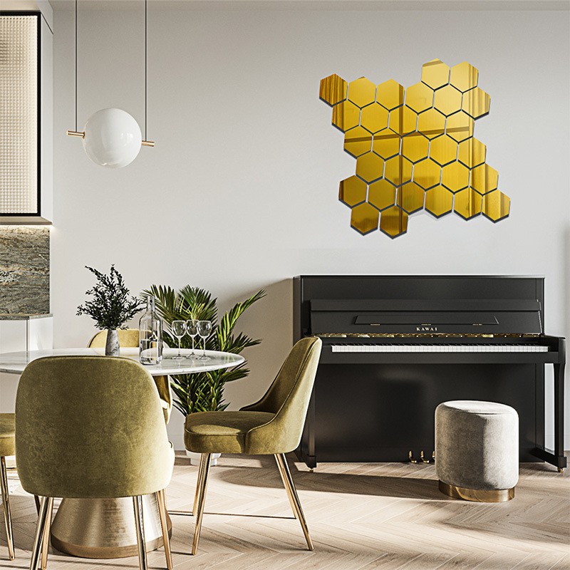 12Pcs Self Adhesive Hexagonal Gold Acrylic Mirror Wall Tiles for Home Room Decor