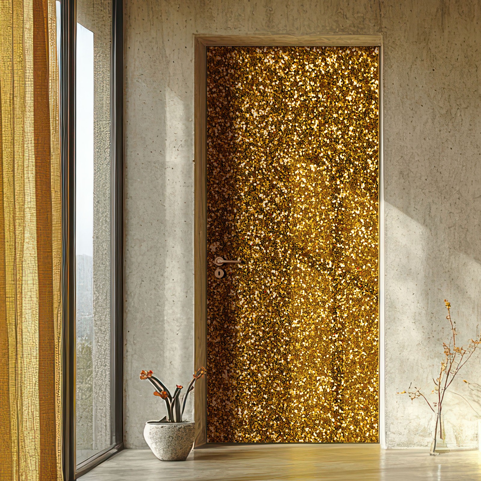 Golden Pattern Door Mural, Laminated Gold Sticker Wrap, Peel'n'Stick. 1 Piece