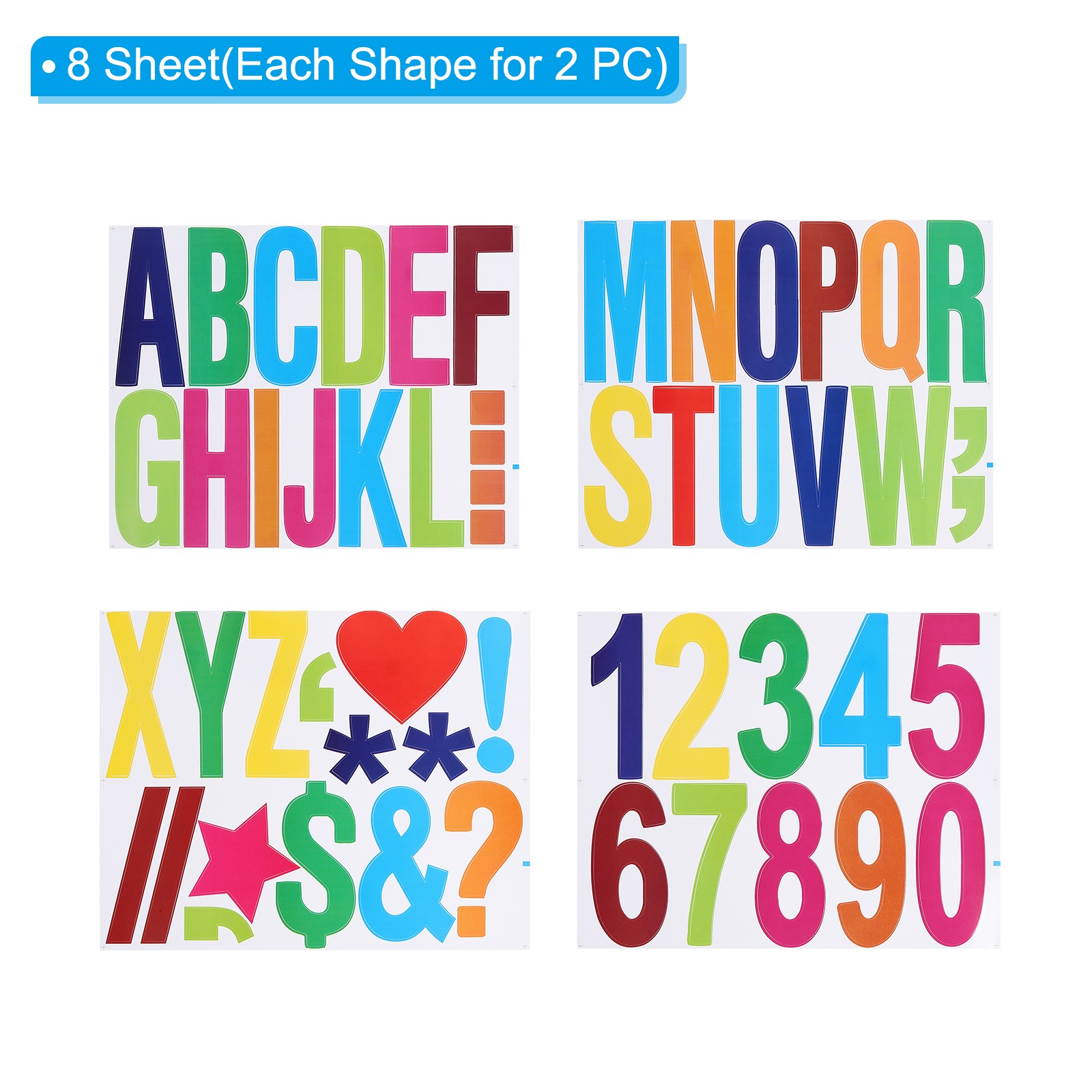 Letters Numbers Kit 4 Inch, 8 Sheet Adhesive Alphabet Number Sticker, Colorful