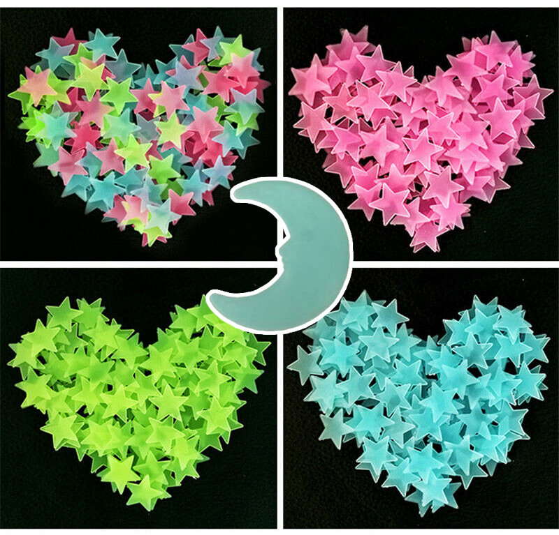 Kids Decal 3D Home Ceiling Glow In the Dark 200 x Stars Blue Moon Wall Stickers