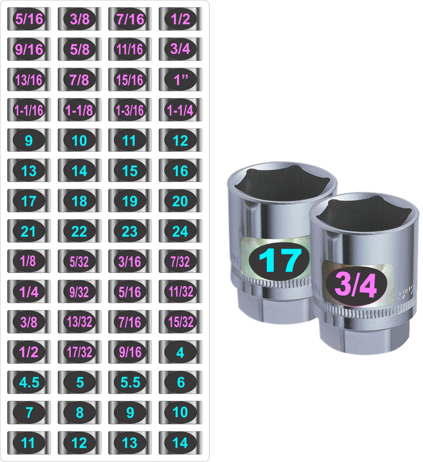 2 Chrome Socket Labels "Ladies Edition" Color Coded for "Easy Read" 60 stickers