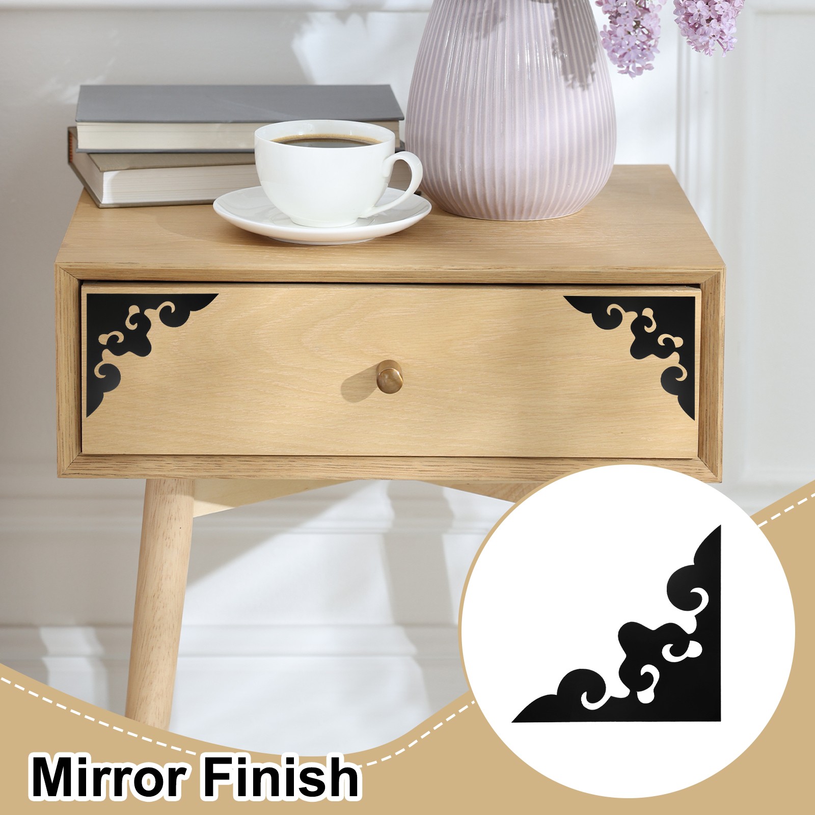 4Pcs Corner Decorative Pattern Hollow Mirror Wall Stickers(Black, 7.9×7.9")