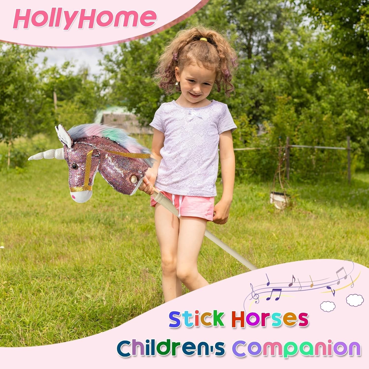 Sequin Unicorn Stick Horse Handcrafted Hobby Horse on a Stick with Wood Wheels R