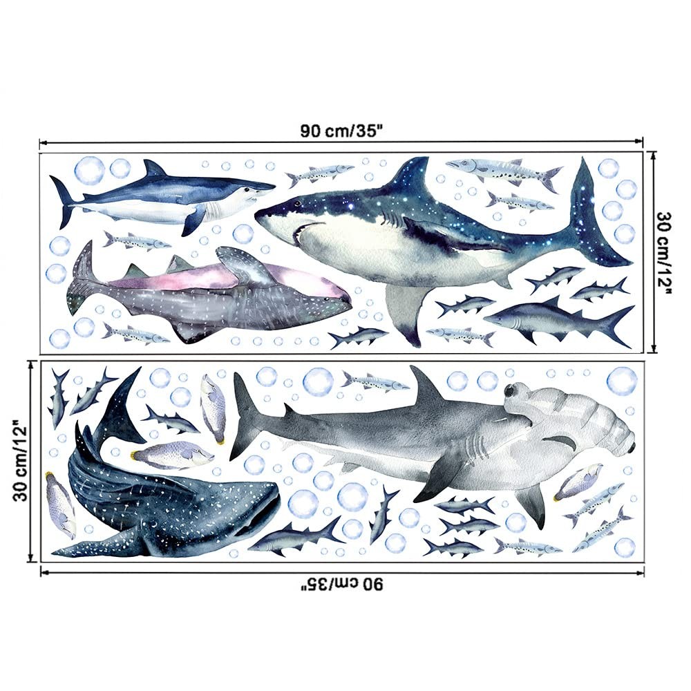 Buiory Sharks Wall Stickers Watercolor Decals Peel and Stick E