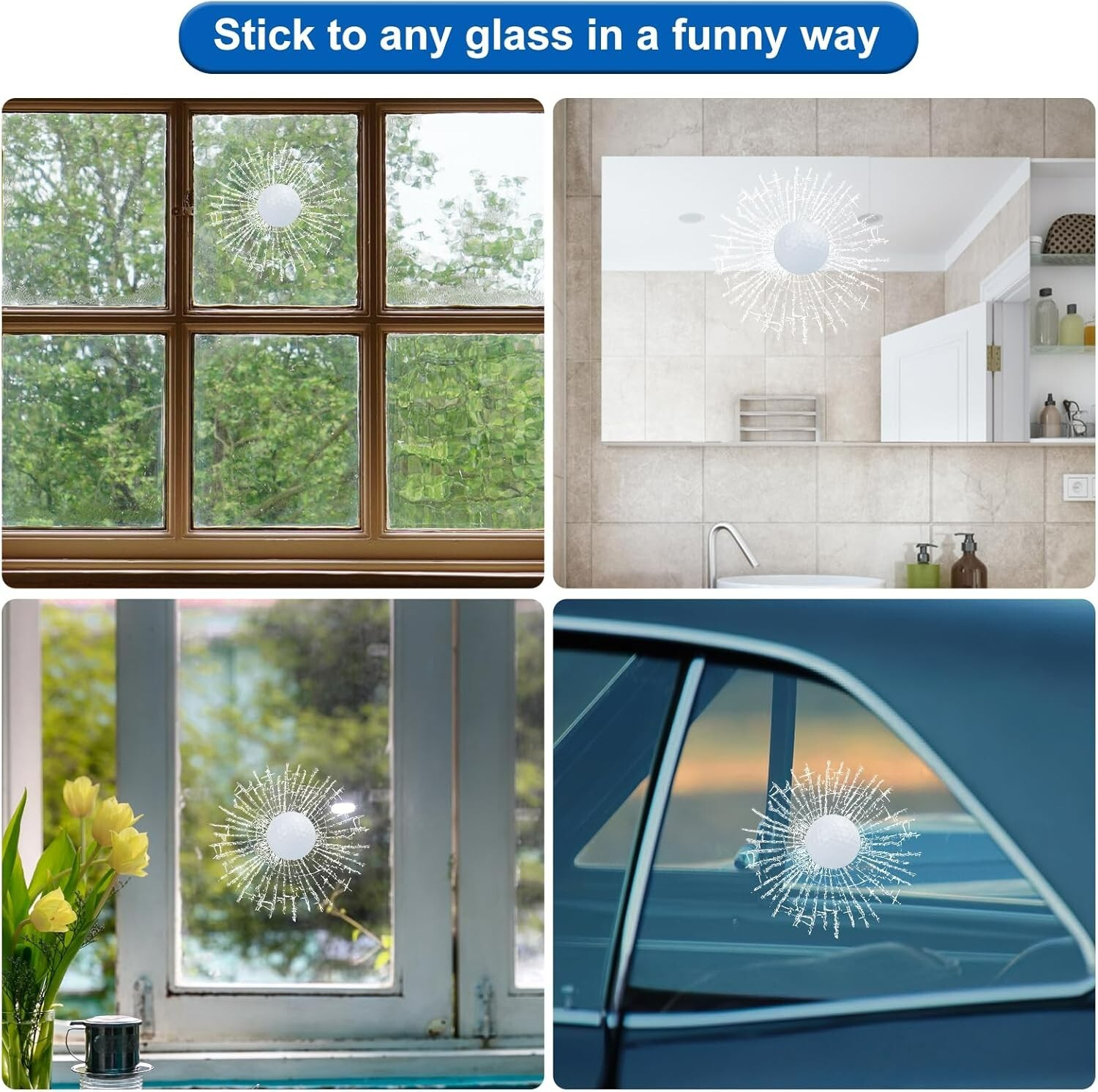"3D Prank Tricky Broken Glass Sticker Car Window Ball Hits Self Adhesive Funny "